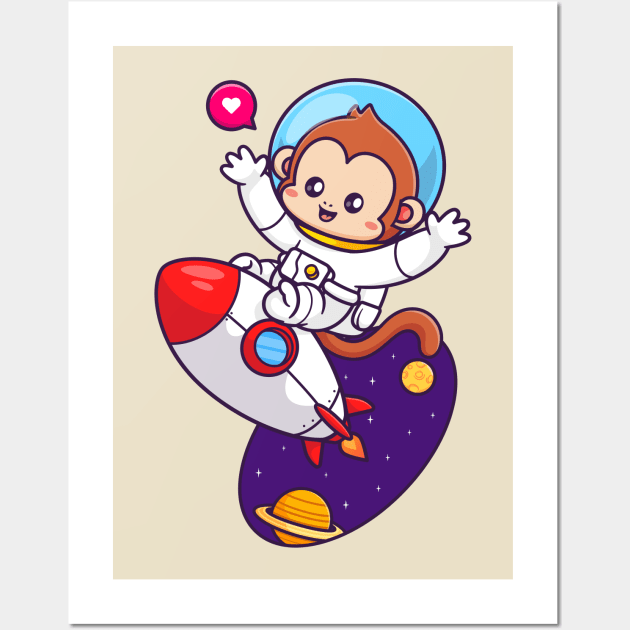 Cute Monkey Astronaut Flying With Rocket In Space Cartoon Wall Art by Catalyst Labs